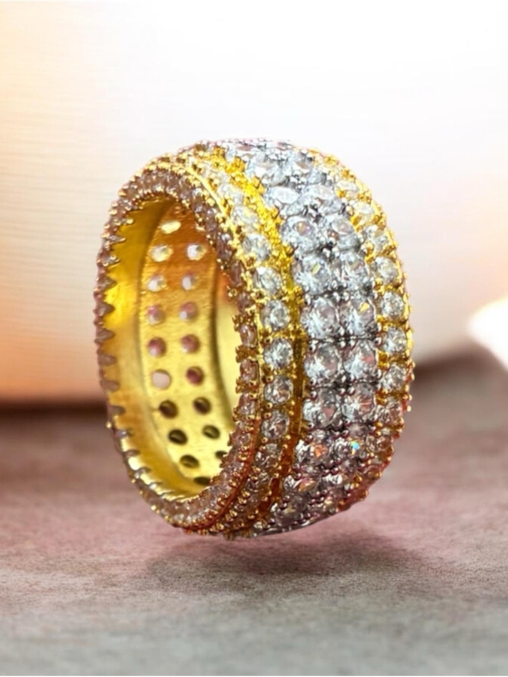 Gold-Tone Triple Row Crystal Pave Women's Ring